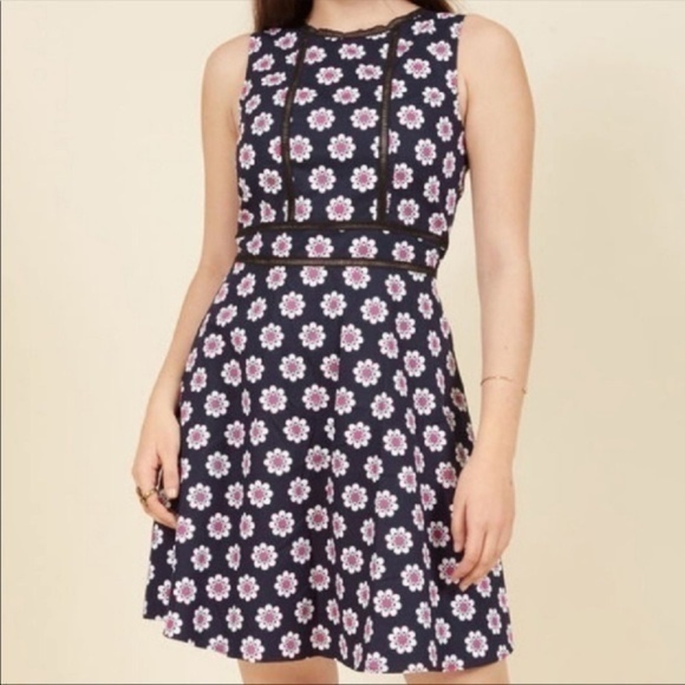 ModCloth Trollied Dolly Daisy Print Dress, Navy and Pink, Small